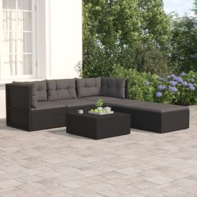 5 Piece Patio Lounge Set with Cushions Black Poly Rattan