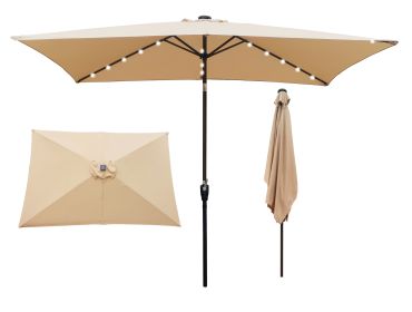 10 x 6.5t Rectangular Patio Solar LED Lighted Outdoor Market Umbrella with Crank and Push Button Tilt for Garden Shade Swimming Pool Light Brown RT