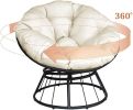 Papasan Chair;  360-degree Swivel Outdoor Papasan Chair with Beige Cushion and Durable Frame;  Comfy Circle Lounge Moon Chair