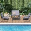 4 Pieces of Metal Patio Furniture Chat Set with Tempered Glass Coffee Table