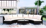 5 Pieces All-Weather Brown PE Rattan Wicker Sofa Set Outdoor Patio Sectional Furniture Set Half-Moon Sofa Set with Tempered Glass Table